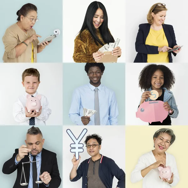 Diversiteit mensen met geld besparingen — Stockfoto