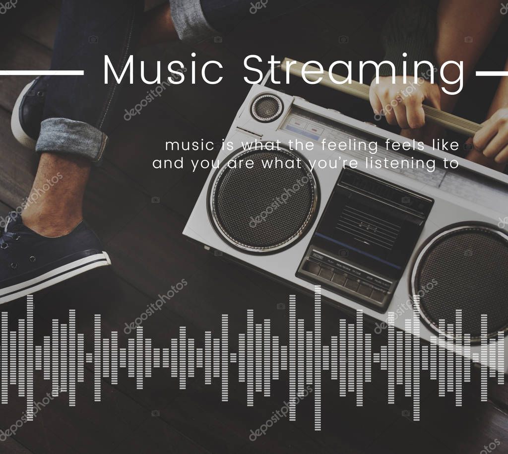 People listen music from boombox, title: Music Streaming