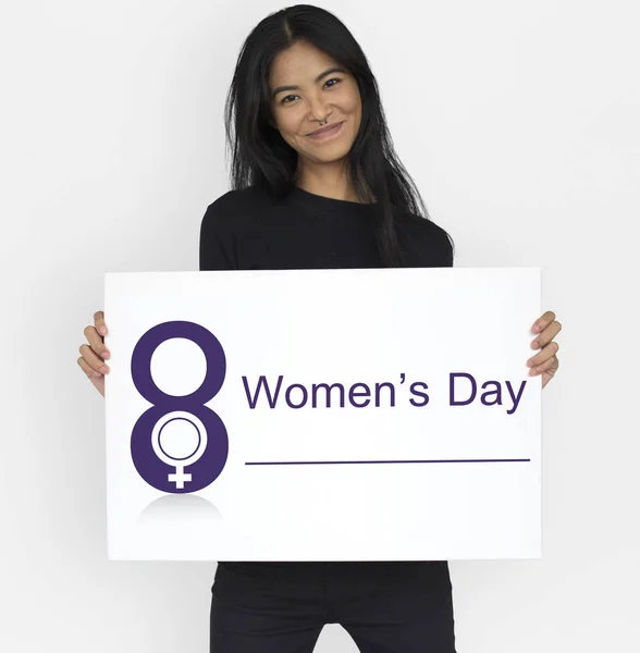 Woman holding placard — Stock Photo, Image