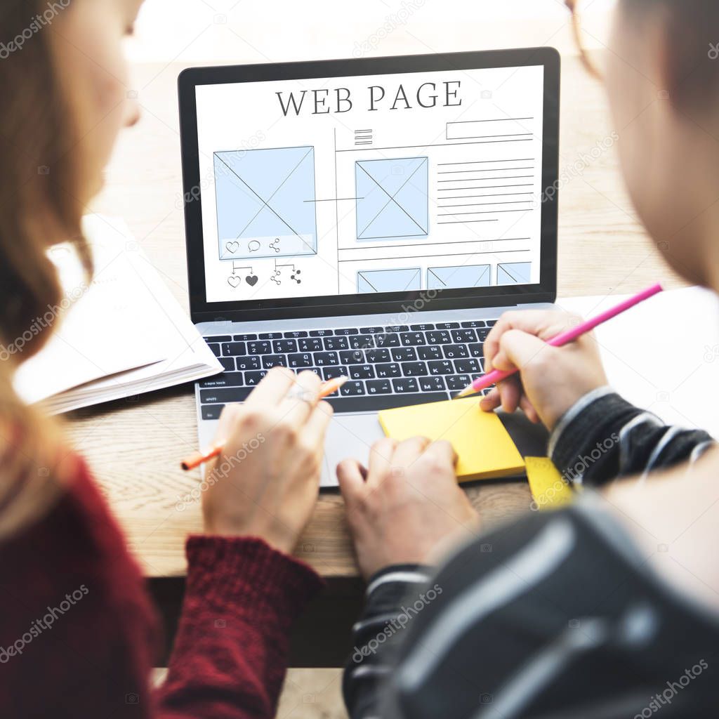 Two girls using laptop, Technology Concept Web Page
