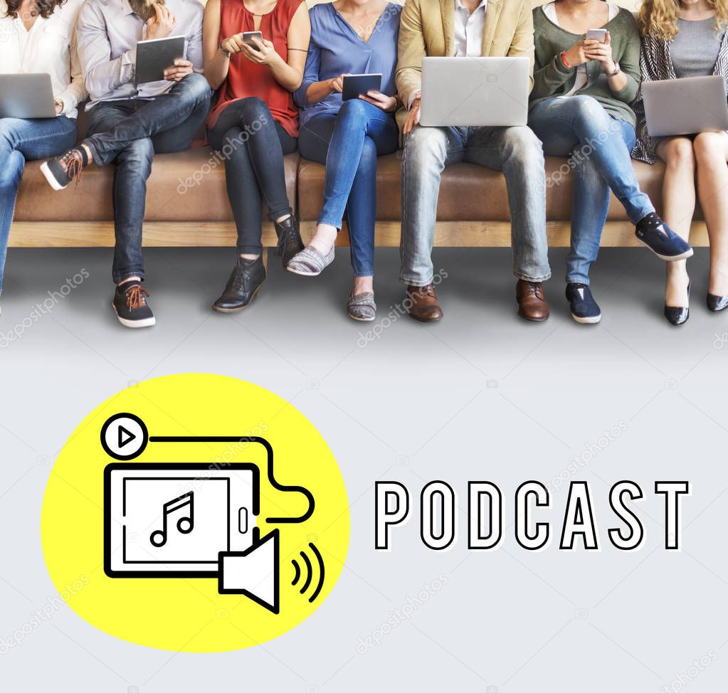 People using digital devices and sitting on sofa, online communication and social network concept, title: Podcast