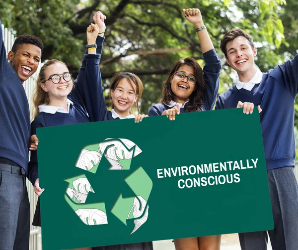 Happy multicutural students with banner — Stock Photo, Image