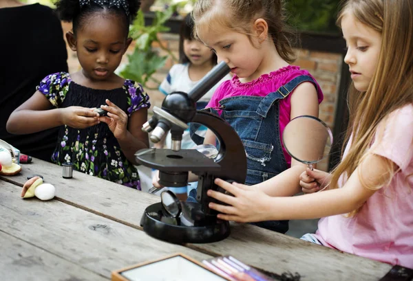 Kinder lernen Naturwissenschaften unter dem Mikroskop — Stockfoto