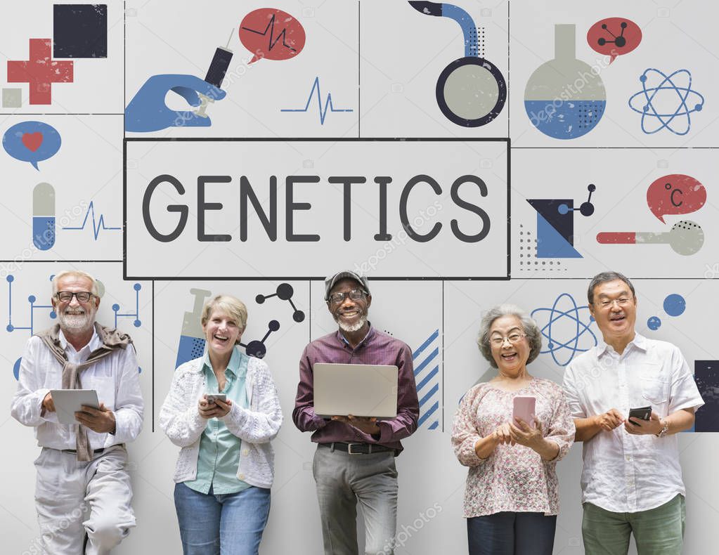 Smiling senior people standing with gadgets against the wall with scientific graphics, Genetics concept