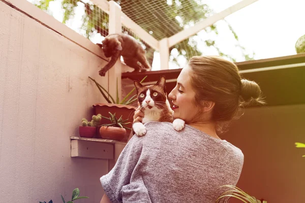 Mulher brincando com gatos — Fotografia de Stock