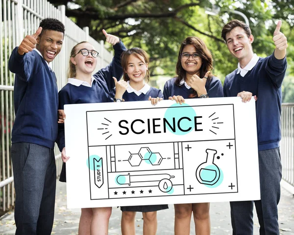 Happy multicutural students with banner — Stock Photo, Image