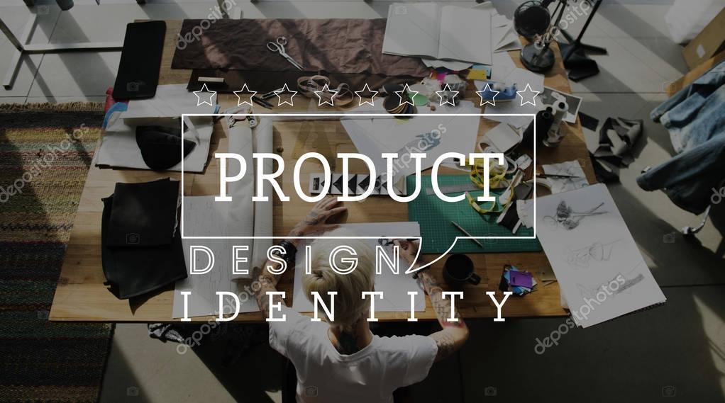 Creative fashion designer drawing in showroom, text: Product