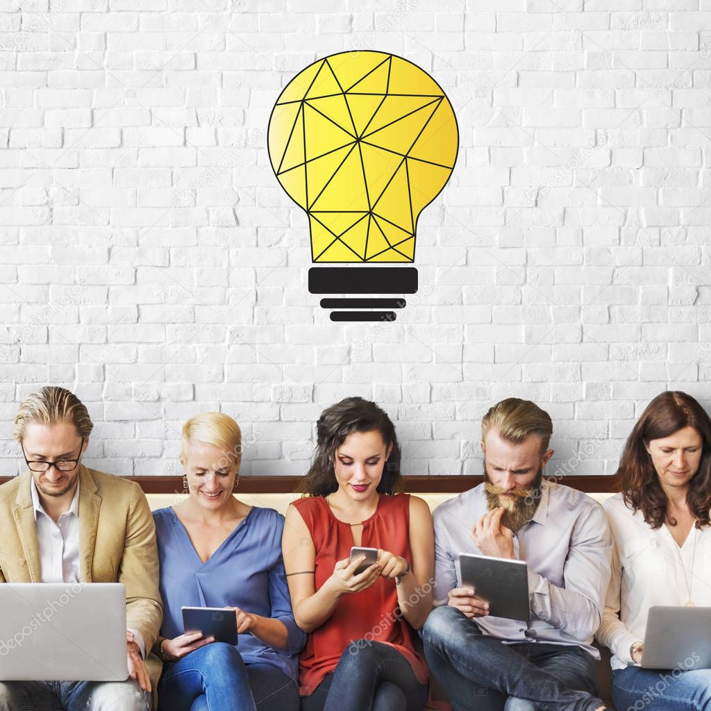 People using digital devices and sitting, online communication and internet concept, light bulb icon