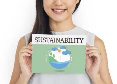 Genç Asyalı kadın holding afiş