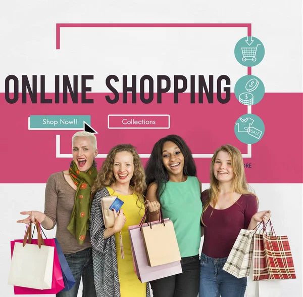 Gelukkig vrouwen met shopping tassen — Stockfoto