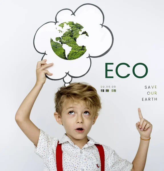 Boy holding overhead speech bubble — Stock Photo, Image