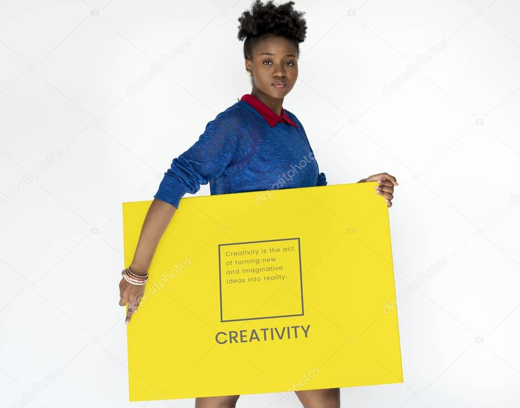 African american woman holding banner in hands isolated on white, Creativity concept