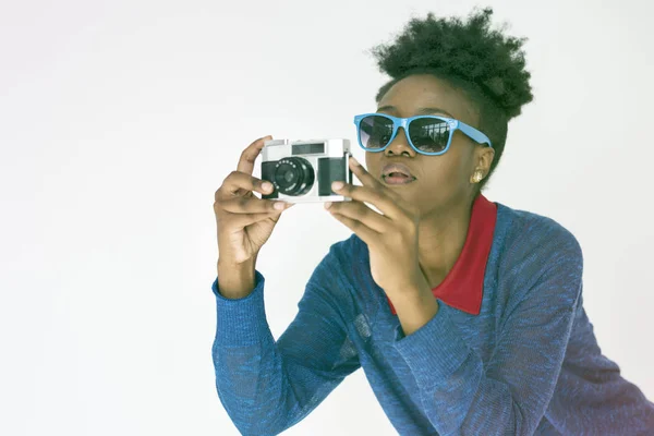 African american woman with photo camera — Stock Photo, Image