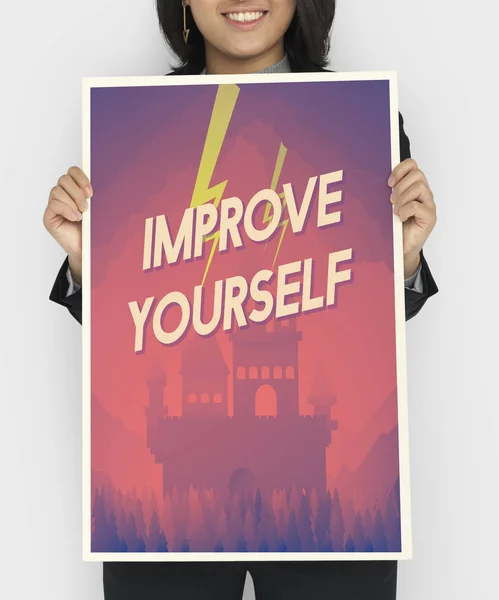 Woman holding banner — Stock Photo, Image