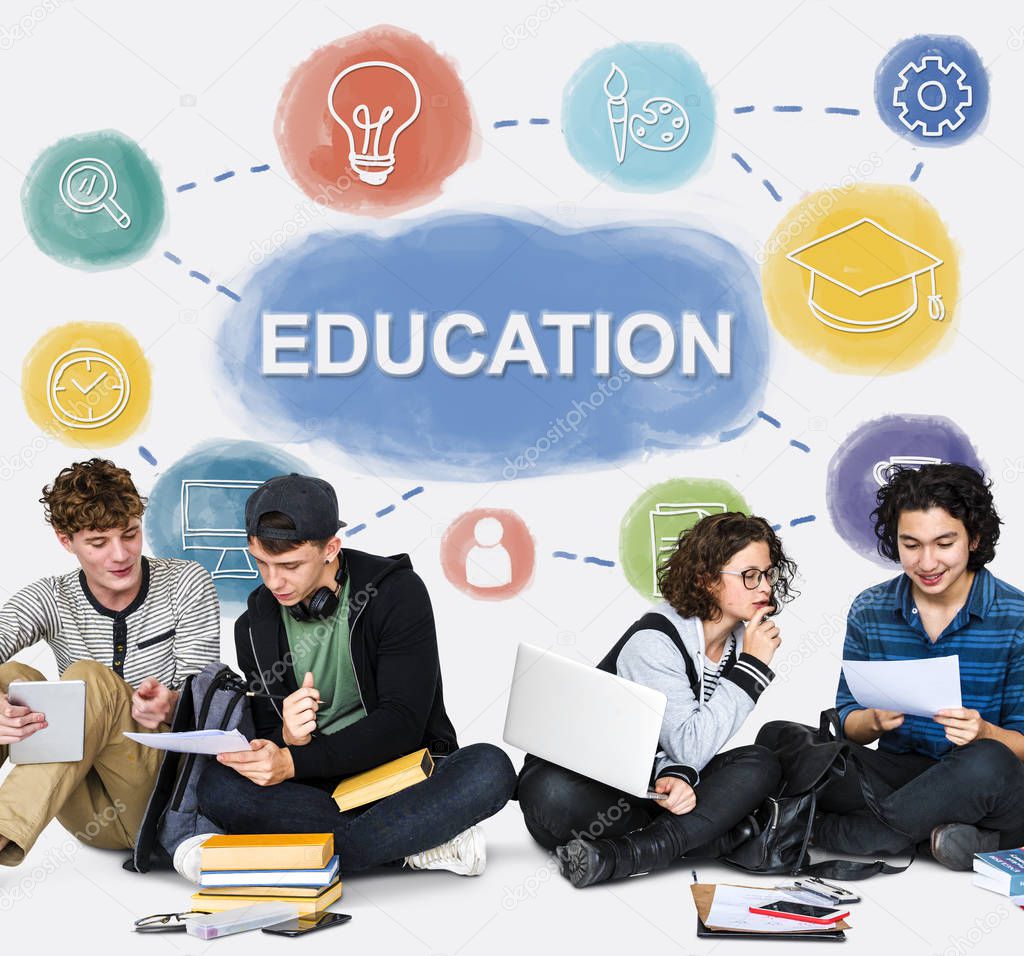 Portrait of students learning together and talking in the studio, Education Concept