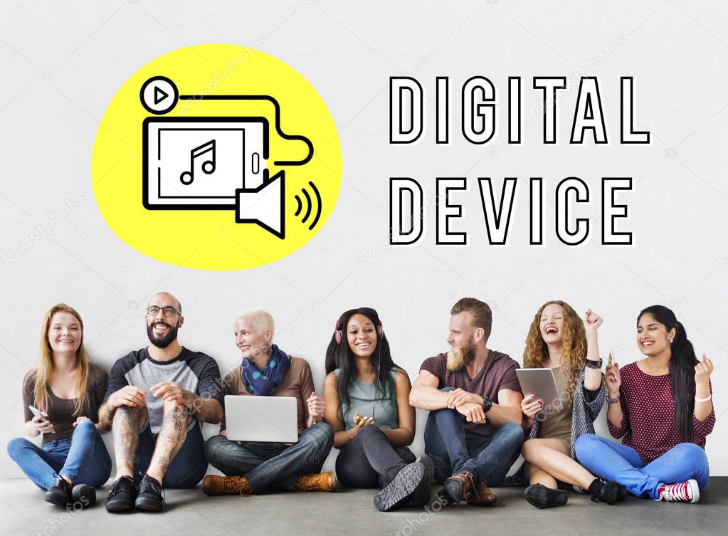 Diverse group of people sitting on the floor talking and using digital devices, Digital Device Concept