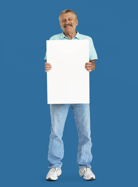 Man with mustache holding white placard — Stock Photo, Image