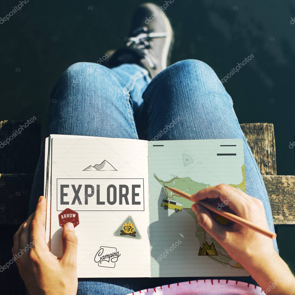 Woman writing in diary, notebook concept, text on paper: Explore