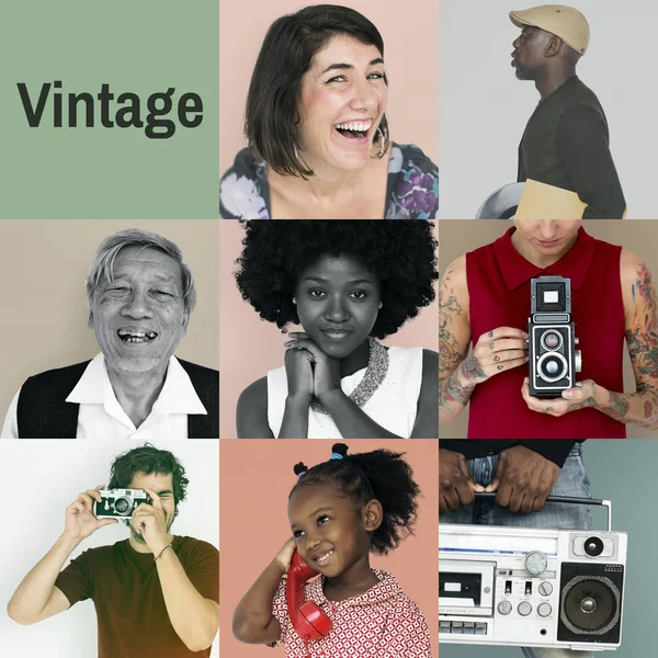 People with vintage retro media — Stock Photo, Image