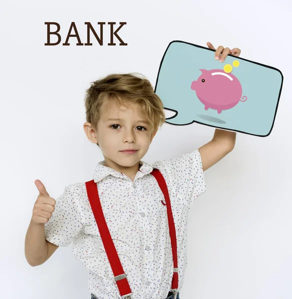 Boy holding overhead speech bubble — Stock Photo, Image