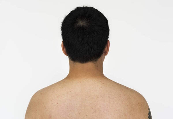  back view of shirtless man 