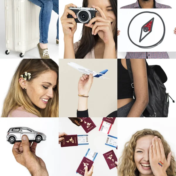 Collage con personas de diversidad y viajes — Foto de Stock