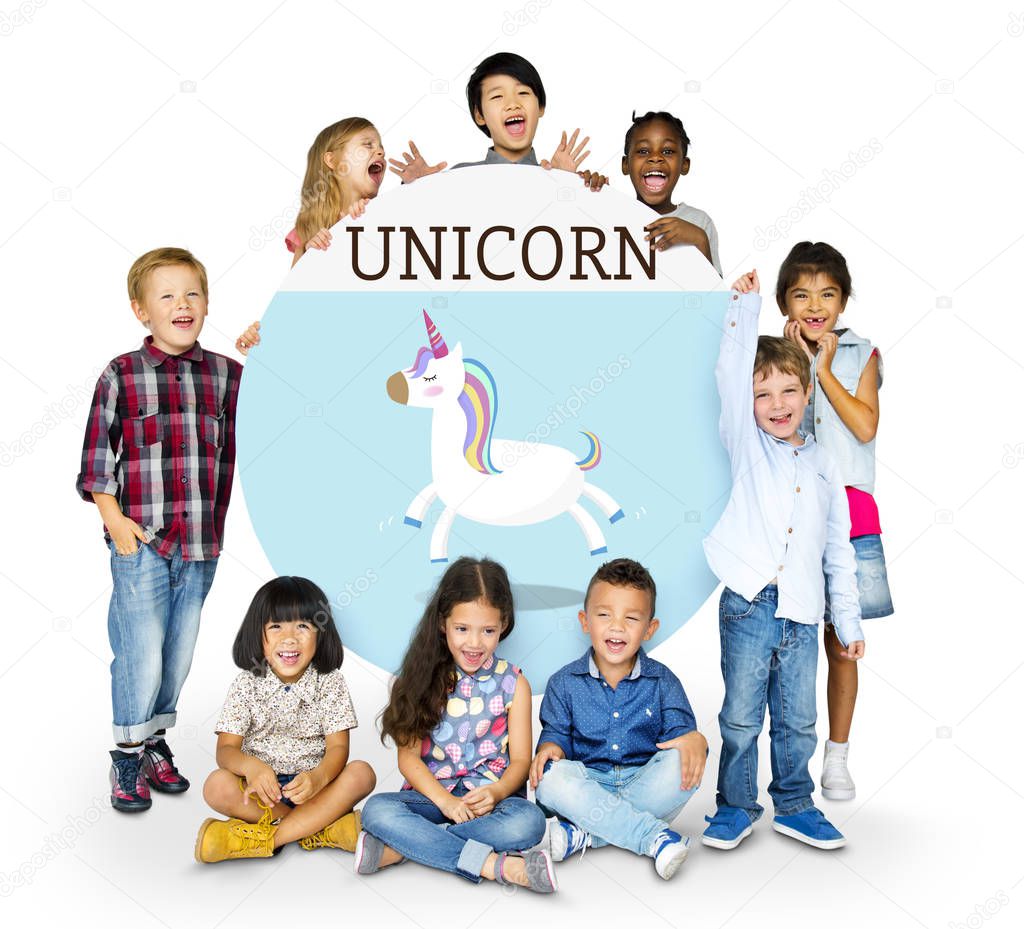 Group of adorable kids, Unicorn concept