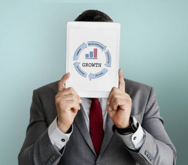 Dijital Tablet ile yüz kapsayan iş adamı