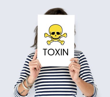 Kafatası ile afişini tutan kişi