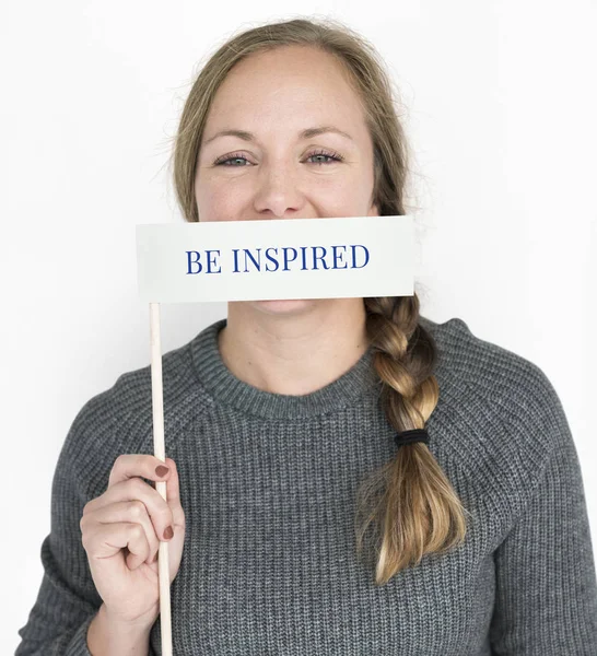 Woman holding banner flag. — Stock Photo, Image