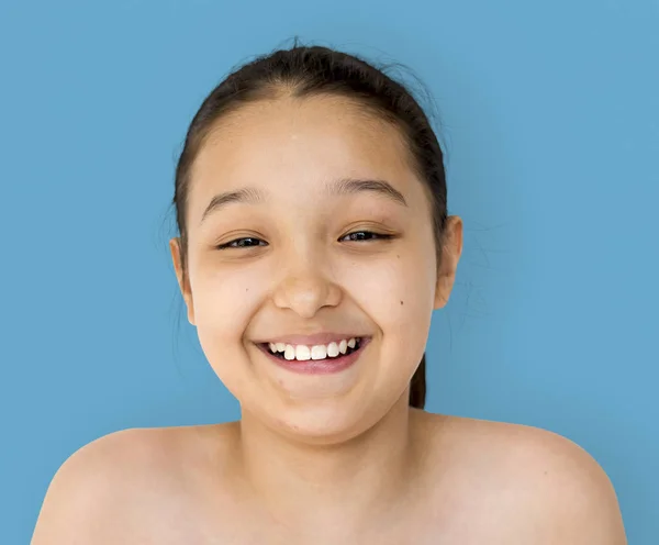 Mujer sonriente con expresión de cara feliz — Foto de Stock