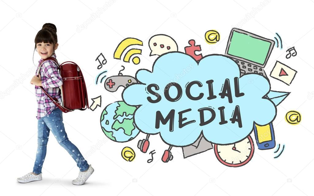 Adorable caucasian school girl with backpack, title: Social Media