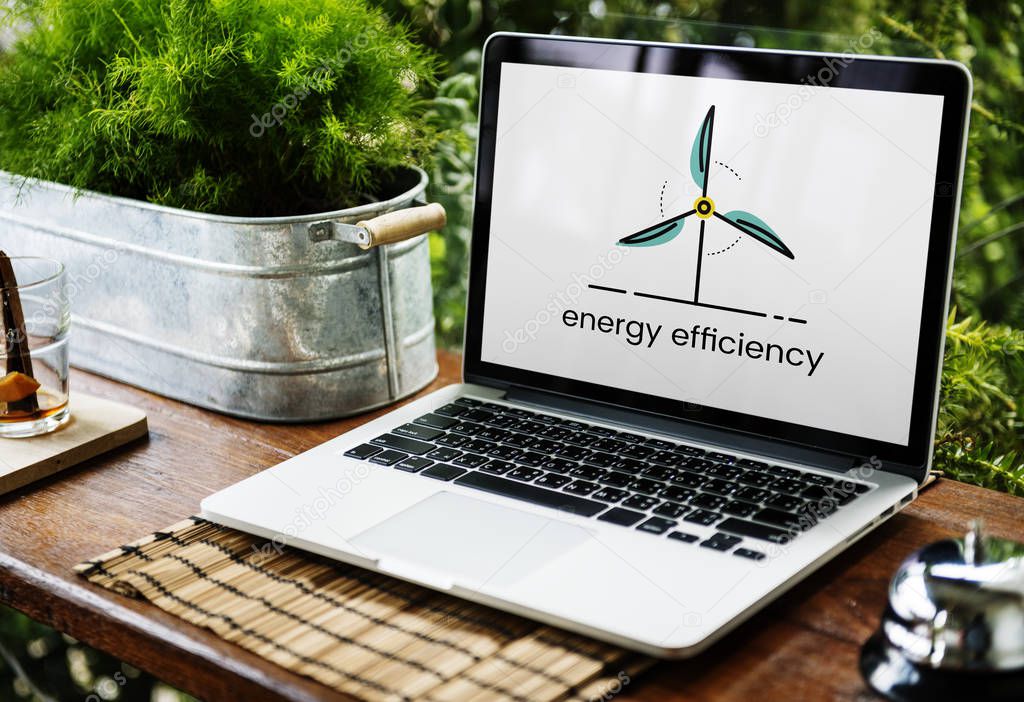 Close up of open laptop with plants on the table, Energy Efficiency  Concept