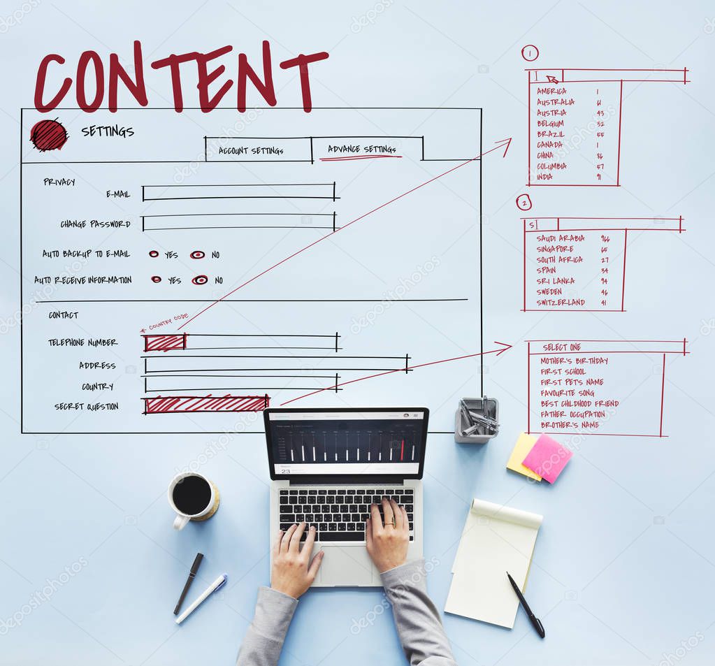 Top view of partial shot of hands, person working at table with laptop, business concept, title: Content