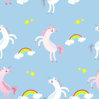 gökkuşağı ile pembe ve beyaz tek boynuzlu atlar