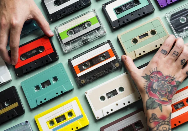 retro audio cassettes on table