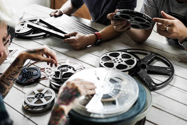 Personas Hablando Compartir Sobre Tiras Película Vintage —  Fotos de Stock