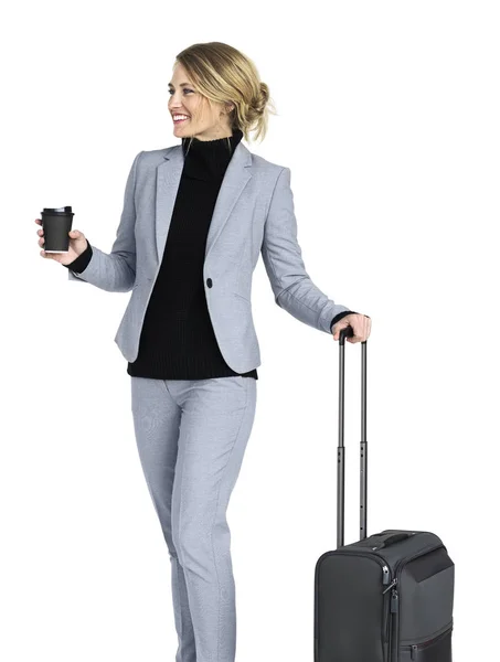 Businesswoman with baggage and coffee cup — Stock Photo, Image