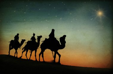 The three kings on camels following the star, original photoset clipart