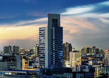 Scyscraper şehir akşam Sunset View kavramı, özgün photoset