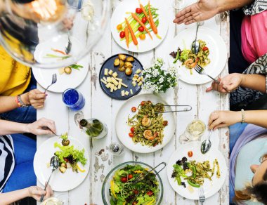 Yemekli parti yapıyorsunuz kadın, orijinal photoset Üstten Görünüm