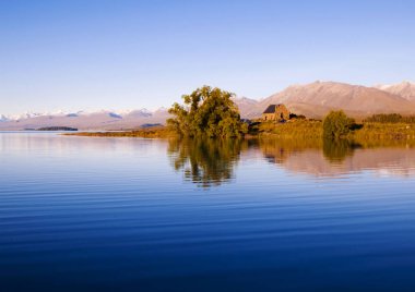 Good Shepherd ve göl, Mackenzie ülke, Canterbury, Yeni Zelanda, özgün Kilisesi photoset