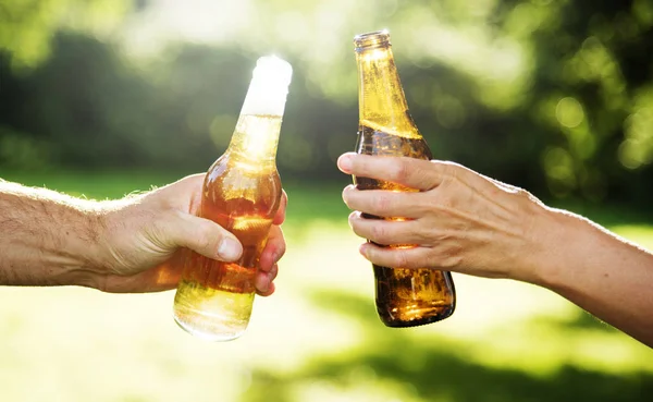 hands holding beer bottles