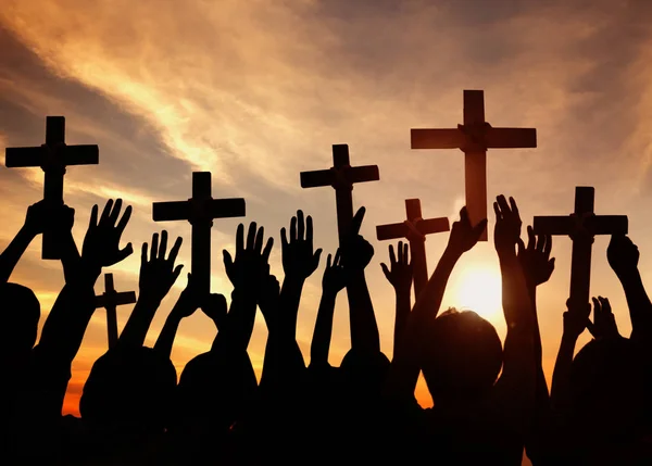 Siluetas Cristianos Sosteniendo Cruces Fotoset Original —  Fotos de Stock