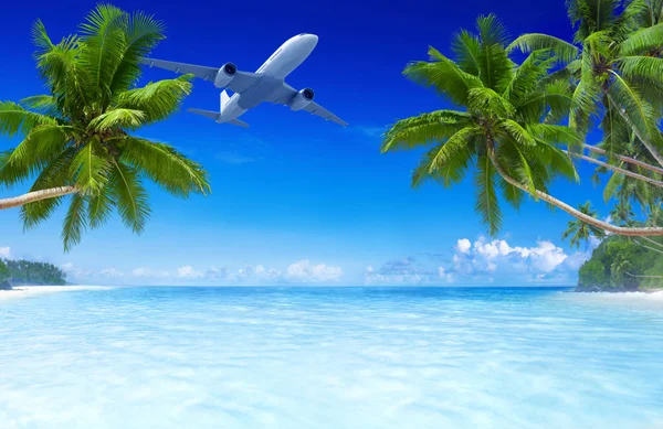 带蓝色海洋和棕榈树的热带海滩 — 图库照片