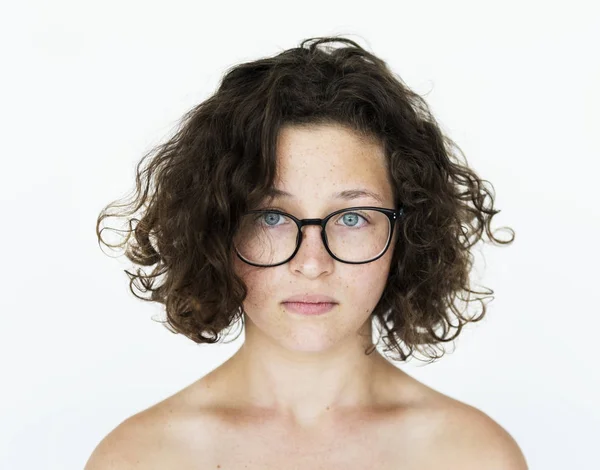 Junge Jugendliche Frau Mit Brille Posiert Studio Konzept — Stockfoto