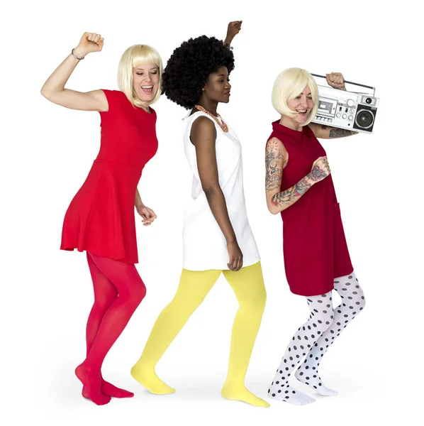 Tre Roliga Kvinnor Dansa Vit Bakgrund Original Fotosätta — Stockfoto