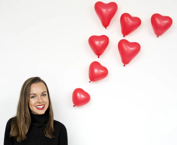 Mujer Sonriente Pequeños Globos Forma Corazones Fotoset Original —  Fotos de Stock