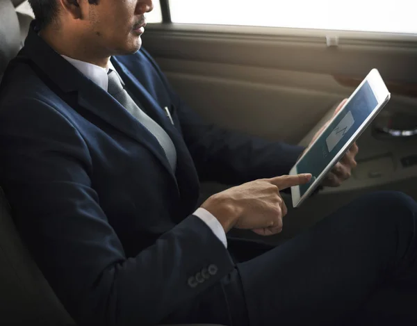 Businessman Use Tablet Inside Car — Stock Photo, Image
