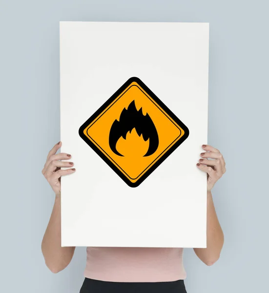 Woman Holding Banner Flammable Sign — Stock Photo, Image